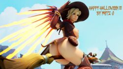 3d alternate_costume blender broom broomstick eichenwalde_(map) fritzhq mercy overwatch witch witch_hat witch_mercy