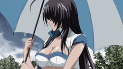 beltskirt blue_skirt breasts cleavage female hair_over_one_eye holding_umbrella ikkitousen kan'u_unchou large_breasts midriff navel skirt very_long_hair