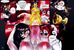 ball_sucking ball_worship cock_worship collaborative_fellatio comic dinotits english_text full-package_futanari futa_on_female futadom futanari glynda_goodwitch grimm_(rwby) kali_belladonna raven_branwen self_upload sucking_balls summer_rose tagme throne throne_room