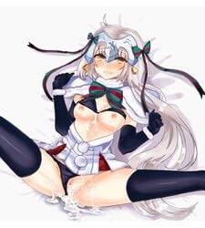 1girls after_sex black_bra black_gloves black_legwear black_panties blush bow bra bra_lift breasts breasts_out capelet clenched_teeth cum cum_in_mouth cum_in_pussy cum_on_body cum_on_breasts cum_on_upper_body cum_pool elbow_gloves fate/grand_order fate_(series) female fur_trim gloves hair_ribbon headpiece highres jeanne_d'arc_(alter_santa_lily) long_hair looking_at_viewer lying medium_breasts nipples on_back panties panties_aside princesskai_(kirasagi1) ribbon silver_hair solo spread_legs tears teeth thighhighs underwear very_long_hair yellow_eyes