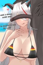 1boy 1girls aegir_(azur_lane) azur_lane big_penis big_penis_adoration bikini_top breasts cant_see_the_haters censored cheating_(relationship) cheating_wife comparing_penis english_text eyebrows_visible_through_hair heart horns huge_breasts iron_blood_(azur_lane) light-skinned_female light_skin looking_at_penis mosaic_censoring no_nut_november penis_awe penis_size_comparison prinz_eugen_(unfading_smile)_(azur_lane)_(cosplay) red_hair ring shiratsumi_(shiratsumi69) small_penis small_penis_humiliation swimsuit talking_to_cuckold talking_to_viewer text two_tone_hair wedding_ring white_hair