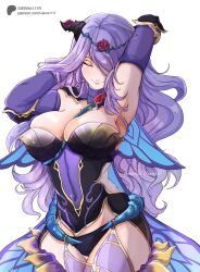 1girls alternate_costume armpits bare_thighs black_panties breasts camilla_(fire_emblem) camilla_(resplendent)_(fire_emblem) cleavage closed_eyes closed_mouth covered_navel cowboy_shot detached_sleeves fake_horns female female_only fire_emblem fire_emblem_fates fire_emblem_heroes flower hair_flower hair_ornament hair_over_one_eye hands_in_hair highres horns large_breasts long_hair nintendo official_alternate_costume panties pelvic_curtain purple_hair sideboob sierra117renner smile solo standing thighs twitter_username underwear very_long_hair white_background