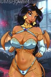 aladdin arabian black_hair brown_eyes cameltoe cleavage dark-skinned_female detached_sleeves disney disney_princess harem_girl harem_outfit huge_breasts long_hair looking_at_viewer mshowllet princess_jasmine succubus succubus_horns succubus_tail succubus_wings thong voluptuous