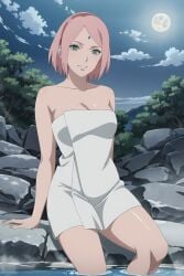 1girls ai_generated almost_naked alternate_breast_size artist_name bare_legs bare_shoulders bare_thighs barefoot bath bathhouse bathrobe big_breasts blush boruto:_naruto_next_generations bracelet breasts cleavage facial_mark female female_only forehead_mark front_view green_eyes hot_spring huge_breasts legs_together looking_at_viewer mature mature_female milf mostly_nude nai_diffusion naruto naruto_(series) no_bra off_shoulder onsen partially_clothed partially_submerged pink_hair ragnarock_ai robe sakura_haruno shiny shiny_hair shiny_skin smile soaked solo solo_focus stable_diffusion towel water wet wet_body wet_skin