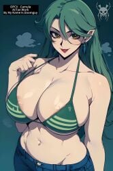 1girls ai_generated camula earrings female female_only green_bikini green_hair huge_breasts jeans light-skinned_female long_hair monster_girl mynameisdoomguy nami_(one_piece)_(cosplay) one_piece pointy_ears red_lipstick self_upload solo solo_female vampire yu-gi-oh! yu-gi-oh!_gx