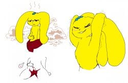 anthro blue_body bodily_fluids brown_body candy chocolate closed_eyes dessert emanata fakemon fart fart_cloud fart_fetish female floppy_ears food food_creature fur genitals hand_on_own_belly hands_behind_head heart_symbol hi_res lagomorph leporid living_marshmallow mammal mochamel_(theonetruesinner) narrowed_eyes navel nude nude_anthro nude_female open_mouth open_smile peeps pictographics pussy rabbit simple_background sitting smile solo speech_bubble stink_fumes stretching sweat teeth theonetruesinner yellow_body yellow_fur