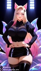 ahri ai_generated blonde_hair blue_eyes fox_ears fox_girl fox_tail gumi_arts hands_on_hips k/da_all_out_ahri k/da_all_out_series large_breasts league_of_legends lipstick long_sleeves looking_at_viewer multicolored_hair navel pink_hair shirt skirt smile stable_diffusion stockings the_baddest_ahri thick_thighs thighhighs