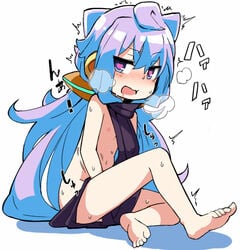 1boy barefoot blue_hair blush hacka_doll hacka_doll_3 hasai_(mekkan) heart heart-shaped_pupils heavy_breathing long_hair male masturbation nipples open_mouth purple_eyes saliva simple_background sitting solo sweat symbol-shaped_pupils trap white_background