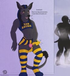 absurd_res anthro anubis balls bodily_fluids bottomwear canid canine canis cheerleader cheerleader_outfit clothing cum cum_in_clothing deadman_joe_velasquez deity egyptian_mythology femboy football_player footwear genital_fluids genitals hi_res jackal kinktober knot legwear locker_room male mammal masturbation middle_eastern_mythology mythology panties penis player skirt socks solo spying steam stockings tenting thatblackfox_(artist) thigh_highs thong underwear uniform voyeur