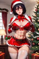 1girls abs ai_generated attack_on_titan big_breasts black_hair breast_grab breasts christmas hat mature mature_female mikasa_ackerman milf naughtygirlsai santa_hat short_hair solo thighhighs