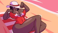 areola_slip areolae_visible_through_clothing big_breasts black_hair breast_expansion breasts breasts_squeezed_together clothes_ripping dark-skinned_female dark_skin fandangomango female laying_down lifeguard sequence solo sunhat swimsuit tight_clothing wide_hips