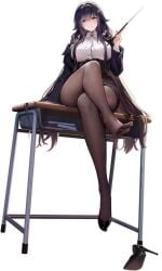 azuma_(azur_lane) azuma_(career_counseling_for_the_groom)_(azur_lane) azur_lane beret black_background black_footwear black_hair black_headwear black_jacket black_pantyhose black_skirt blush breasts brown_pantyhose cg closed_mouth collared_shirt crossed_legs desk feet female full_body hair_between_eyes high_heels holding jacket large_breasts legs long_hair long_sleeves looking_at_viewer miniskirt no_shoes off_shoulder official_alternate_costume official_art on_desk open_clothes open_jacket pantyhose pointer school_desk shirt shoe_dangle shoes sidelocks simple_background single_shoe sitting sitting_on_desk skirt smile solo thighs toes very_long_hair white_shirt yellow_eyes