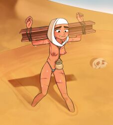 1girl 1girls 2d bikini_bottom breasts breasts_out brown_skinned_female desert emara emara_emirates_hero female hijab hijab_only hijabi mangamaster medium_breasts muslim_female nipples scars sweating uncensored whip_marks