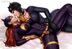 2girls barbara_gordon batgirl batman_(series) big_breasts bodysuit breasts busty catsuit catwoman cleavage curvy dc dc_comics eyeshadow female female_only fingering flowerxl hourglass_figure large_breasts lipstick makeup red_hair redhead saliva_trail selina_kyle straight_hair voluptuous yuri