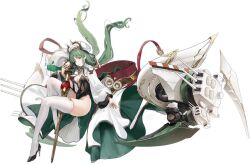 azur_lane black_background black_footwear black_leotard breasts cannon cg cleavage female floating_hair full_body green_eyes green_hair hat high_heels highleg holding holding_staff leotard long_hair long_sleeves looking_at_viewer machinery medium_breasts official_art parted_lips puffy_sleeves raffaello_(azur_lane) rigging simple_background solo staff thighhighs turret twintails very_long_hair white_headwear white_thighhighs