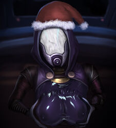 1girls areolae bodysuit breast_grab breast_squeeze breasts christmas clothing cum cum_in_helmet cum_inside cum_on_face cum_overflow cum_under_clothes cum_wearing erect_nipples excessive_cum faceless female female_only kaihlan large_breasts mass_effect nipple_bulge quarian santa_hat shiny shiny_suit solo tali'zorah_nar_rayya text