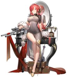 azur_lane black_background black_dress black_gloves blush braid breasts cannon cg china_dress chinese_clothes closed_umbrella covered_navel crown_braid dress earrings feather_boa female full_body gloves gold_footwear gold_trim hair_between_eyes hair_bun hair_ornament half_gloves high_heels jewelry large_breasts long_hair looking_at_viewer machinery mirror monarch_(azur_lane) monarch_(black_gerard)_(azur_lane) official_alternate_costume official_art parted_lips purple_eyes red_hair reflection rigging see-through shawl short_sleeves side_slit sidelocks single_hair_bun sitting solo suitcase taut_clothes taut_dress thigh_strap thighs toe_cleavage turret umbrella weapon_case