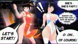 2girls 3d 3d_(artwork) ass big_ass big_breasts big_butt black_hair breasts chinese_clothes english english_text female going_commando hair_bun hair_buns imminent_catfight imminent_fight jobber kimiko_nagasawa large_ass large_breasts leotard long_hair mei_li_fang no_panties original purple_eyes red_eyes short_hair speech_bubble triggerbunbun wrestling wrestling_outfit wrestling_ring
