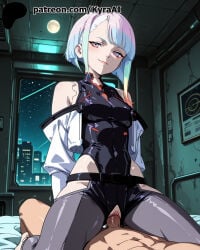 ai_generated clothed_sex cyberpunk:_edgerunners cyberpunk_2077 cyborg lucyna_kushinada pale_skin riding white_hair