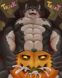 2017 abs anthro biceps big_muscles canine cum cumshot ejaculation food fruit fucking_pumpkin fur halloween holidays jack-o'-lantern male male_only mammal muscular muscular_male naruever nipples orgasm pecs pumpkin solo wolf