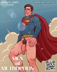 1boy big_penis black_hair blush bottomless clark_kent clouds dc dc_extended_universe embarrassed flying magazine_cover male mexicartist pubic_hair qr_code solo_male superman_(2025) superman_(series) sweatdrop veiny_penis