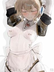 aigis_(persona) alterkyon apron arms_up blonde_hair blush bow bowtie breasts closed_eyes collared_shirt cum cum_on_body cum_on_breasts female highres maid_apron mecha_musume mechanical_arms medium_hair nipple_piercing persona persona_3 piercing red_bow red_bowtie shirt skin_tight small_breasts solo standing white_shirt
