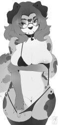 2025 5_fingers anthro areola art-abaddon biped bra breasts canid canine canis clothed clothed_anthro clothed_female clothing collar countershade_fur countershade_torso countershading digital_drawing_(artwork) digital_media_(artwork) domestic_dog eyewear female fingers front_view fur genitals glasses hair hi_res legwear looking_at_viewer mammal markings navel panties piercing simple_background smile solo spots spotted_body spotted_fur spotted_markings spotted_tail standing tail tail_markings thigh_highs underwear vulva white_background