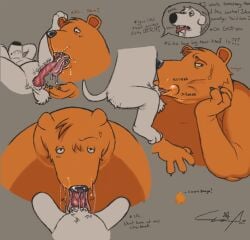 4_fingers ahe_gao animal_genitalia balls_deep bear big_tongue bodily_fluids brian_griffin bronzebadger canid canine canis cum cum_in_mouth cum_inside curling_toes dialogue domestic_dog drooling duckface duo embarrassed family_guy feet fellatio fingers genital_fluids genitals glistening knot knot_tugging licking looking_at_viewer looking_pleasured male male/male mammal onomatopoeia oral oral_penetration penetration penile penis penis_lick saliva sex size_difference small_dom_big_sub sound_effects text the_cleveland_show tim_the_bear tongue wet wet_penis