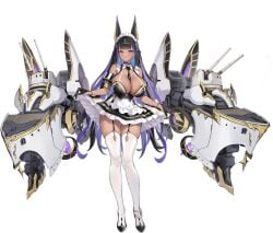 animal_ears apron azur_lane bare_shoulders between_breasts black_background black_dress black_footwear black_gloves black_hair black_necktie blush breasts cannon cg cleavage cleopatra_(azur_lane) colored_inner_hair dark-skinned_female dark_skin detached_collar dress earrings female frills full_body garter_straps gloves huge_breasts jewelry large_breasts long_hair looking_at_viewer maid maid_apron maid_headdress multicolored_hair necktie necktie_between_breasts official_art purple_eyes purple_hair rigging simple_background skindentation skirt_hold solo standing thighhighs turret two-tone_hair very_long_hair white_apron white_thighhighs