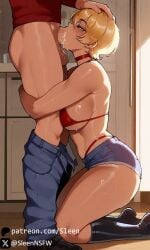 1boy 1boy1girl 1girls ai_generated all_the_way_to_the_base balls_deep big_breasts bikini bikini_top blonde_hair blowjob breasts busty chocker clothed clothed_female clothing cum cum_drip cum_dripping cum_in_mouth cum_in_throat cumdrip dark-skinned_female dark_skin deepthroat eyes_half_open fellatio female half-closed_eyes hand_on_head hug huge_breasts hugging hugging_legs irrumatio jean_shorts kitchen kneeling kneeling_female kneeling_oral_position male mature_female mito_ikumi oral oral_penetration oral_sex revealing_clothes shokugeki_no_souma shorts sleen straight tan_body tan_skin voluptuous voluptuous_female