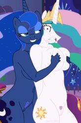 2017 2girls absurdres anthro anthrofied blue_eyes breast_grab breasts cosmic_hair crown cutie_mark dnftt2011 duo equine female friendship_is_magic furry grabbing_from_behind hair_over_one_eye half-closed_eyes hand_on_breast highres horn incest large_breasts mammal multicolored_hair my_little_pony navel nude princess_celestia_(mlp) princess_luna_(mlp) purple_eyes pussy siblings sisters smile stylized_pubes subtle_pussy surprise unicorn yuri