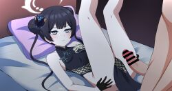 1boy absurdres anime_coloring armpit_crease artist_name bar_censor bare_arms bare_legs bare_shoulders bed bed_sheet black_dress black_gloves black_hair blue_archive blush breasts butterfly_hair_ornament censored center-flap_bangs china_dress chinese_clothes closed_mouth clothed_female_nude_male clothed_sex clothes_between_thighs double-parted_bangs double_bun dragon_print dress emotionless_sex erection expressionless female flower_knot folded gloves grey_eyes hair_bun hair_ornament halo hands_on_own_ass head_on_pillow highleg highleg_dress highres imminent_penetration jitome kisaki_(blue_archive) large_variant_set legs_up long_hair looking_ahead looking_at_another lying male mandarin_collar narrowed_eyes no_panties nude on_bed on_side pankou pelvic_curtain penis pillow print_dress satou_yuzuki side_slit signature sleeveless sleeveless_dress small_breasts solo_focus standing straight thighs variant_set veins veiny_penis white_halo