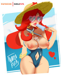 1girls areolae artist_name blue-tinted_eyewear bracelet breasts cameltoe cowboy_shot cum cum_between_breasts cum_on_breasts cum_on_clothes earrings eyewear female female_only food front_view glasses hair_over_one_eye hat heart highres hoop_earrings hourglass_figure human k.ink_ink large_breasts league_of_legends long_hair looking_at_viewer miss_fortune navel nipples one-piece_swimsuit parted_lips pool_party_miss_fortune pool_party_series popsicle red_hair red_lipstick solo standing sun_hat sunglasses swimsuit thick_thighs tinted_eyewear wide_hips