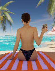 3d 3d_(artwork) alternate_version_available asian asian_female beach beach_background beach_towel beach_umbrella blue_eyes blue_eyes_female brown_hair brown_hair_female chell female highres in_shade medium_ass nude_female pale-skinned_female pale_skin ponytail ponytail_female portal_(series) portal_2 pose posing relaxing self_upload stumpie summer tropical tropical_drink tropical_setting