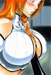 1girls accurate_art_style accurate_body_type ai_generated arm_between_breasts bare_shoulders between_breasts big_breasts bleach bleach:_the_thousand-year_blood_war blush breasts brown_eyes cleavage cleavage_cutout clothing clothing_cutout crop_top dark_skin detached_sleeves female fingers from_side gloves halterneck hand_between_breasts highres huge_breasts inoue_orihime large_breasts light-skinned_female light_skin long_hair looking_down midriff orange_hair parted_lips shihouin_yuushirou shiny shiny_hair shiny_skin side_view solo solo_focus sugar1030 upper_body viewed_from_side