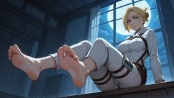 annie_leonhardt arm_support barefoot belt blonde_hair blue_eyes breasts erosaga feet female folded_ponytail foot_focus foreshortening hair_bun ia_generated indoors looking_at_viewer night pants shingeki_no_kyojin short_hair sitting soles solo thigh_strap tied_hair toes window