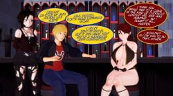 1boy 2girls arrancon bar_counter black_hair black_hair_female blonde_hair blue_eyes clothed_male dialogue green_eyes half-dressed half_naked half_naked_female jaune_arc pyrrha_nikos red_hair red_hair_female red_highlights ripped_pants ruby_rose rwby silver_eyes