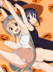 2girls :d anus ass blonde_hair blue_eyes blue_hair blush bottomless brown_eyes cute_fang denkaisui doma_umaru embarrassed female halloween himouto!_umaru-chan innie_pussy long_hair looking_at_viewer motoba_kirie multiple_girls open_mouth pussy smile tagme uncensored wavy_mouth