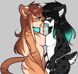 2017 andogg anthro blue_eyes breast_squish breasts breasts_frottage collar eye_contact feline female french_kissing fur grey_background hair hi_res inner_ear_fluff kissing long_hair mammal multicolored_hair nude saber-toothed_cat saliva saliva_string side_view sideboob simple_background spots spotted_fur striped_fur stripes tiger yuri