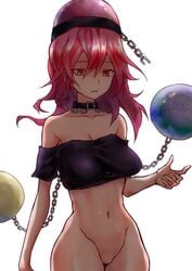 bare_shoulders bottomless breasts chains clavicle cowboy_shot crop_top female female hair_between_eyes hecatia_lapislazuli high_resolution joker_(stjoker) large_breasts long_hair missing_vagina navel polos_crown red_eyes red_hair simple_background solo touhou white_background