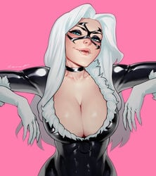 1girls arms_up big_breasts black_cat_(marvel) blue_eyes blush bodysuit breasts choker cleavage domino_mask eyeshadow fangs felicia_hardy female female_focus female_only gloves half-closed_eyes huge_breasts large_breasts lerapi long_hair looking_at_viewer marvel marvel_comics mask shiny_suit signature simple_background smile solo solo_female spandex spider-man_(series) white_hair zipper_pull_tab