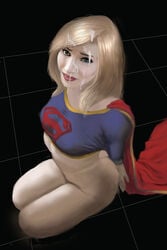 arms_behind_back blonde_hair bottomless cum cum_drip cum_on_face cum_on_hair dc female kaihlan kneeling solo supergirl superman