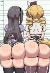2girls ai_generated akemi_homura ass ass_chart chart comparing fat_ass huge_ass mahou_shoujo_madoka_magica mole_on_ass puella_magi_madoka_magica shiny_skin sweat tomoe_mami