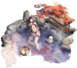 arm_support autumn_leaves azur_lane bare_shoulders bikini bird black_bikini black_hair blunt_bangs blush breasts bucket cg choker cleavage cup dead_or_alive female full_body large_breasts leaf long_hair looking_at_viewer maple_leaf mole mole_under_mouth navel nyotengu nyotengu_(scarlet-tinged_hot_spring_vacation)_(doa) o-ring official_alternate_costume official_art onsen partially_submerged purple_eyes sitting smile solo steam swimsuit thigh_strap thighs towel tray water wet wooden_bucket