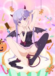 blush breasts butterfly_sitting clothing denkaisui fang female full_body halloween lavender_eyes lavender_hair long_hair looking_at_viewer naughty_face new_game! no_panties pussy sitting small_breasts smile solo spread_legs suzukaze_aoba tagme twintails uncensored