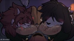 anthro big_breasts bird_dog bite bite_mark black_body black_fur blush bodily_fluids breast_bite breast_play breasts brown_body brown_fur canid canine canis clothed clothing dialogue domestic_cat domestic_dog felid feline felis female fur golden_retriever group hi_res hunting_dog inside jkiubix male male/female mammal nipples partially_clothed pastoral_dog ragdoll_cat retriever saliva trio yellow_body yellow_fur