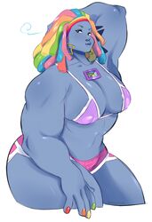 abs big_ass big_breasts bikini_top bismuth_(steven_universe) cartoon_network dreadlocks earrings gem_(species) hand_behind_head headband looking_at_viewer muscular_female orangekissess painted_nails purple_bra purple_skin rainbow_hair short_shorts steven_universe thick_thighs wide_hips