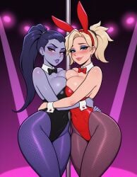 2girls absurdres ai_generated blue_skin breast_press breasts bunny_ears bunnysuit collar colored_skin curvy dancer eyeshadow female fishnet_pantyhose fishnets hug huge_ass jewelry large_ass large_breasts lipstick megazard mercy nightclub overwatch pantyhose playboy_bunny ponytail pout purple_skin round_breasts smile stage_lights stripper stripper_pole thick_thighs wide_hips widowmaker yuri