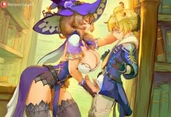1boy 1girls against_wall ai_generated blonde_hair blonde_hair_male breasts brown_hair clothing dominant_female erection female femdom handjob hat huge_breasts large_breasts library lisa_(genshin_impact) looking_at_another looking_at_breasts lucakp male mika_(genshin_impact) mommy mommy_dom patreon patreon_link patreon_logo patreon_reward patreon_url patreon_username penis pinned_to_wall seductive seductive_eyes seductive_look seductive_pose seductive_smile staring_at_breasts submissive submissive_male tagme thick_thighs thighhighs thighs
