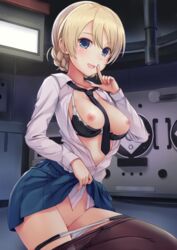 bra breasts darjeeling girls_und_panzer n.g. nipples open_shirt pantsu panty_pull pantyhose pussy seifuku skirt_lift